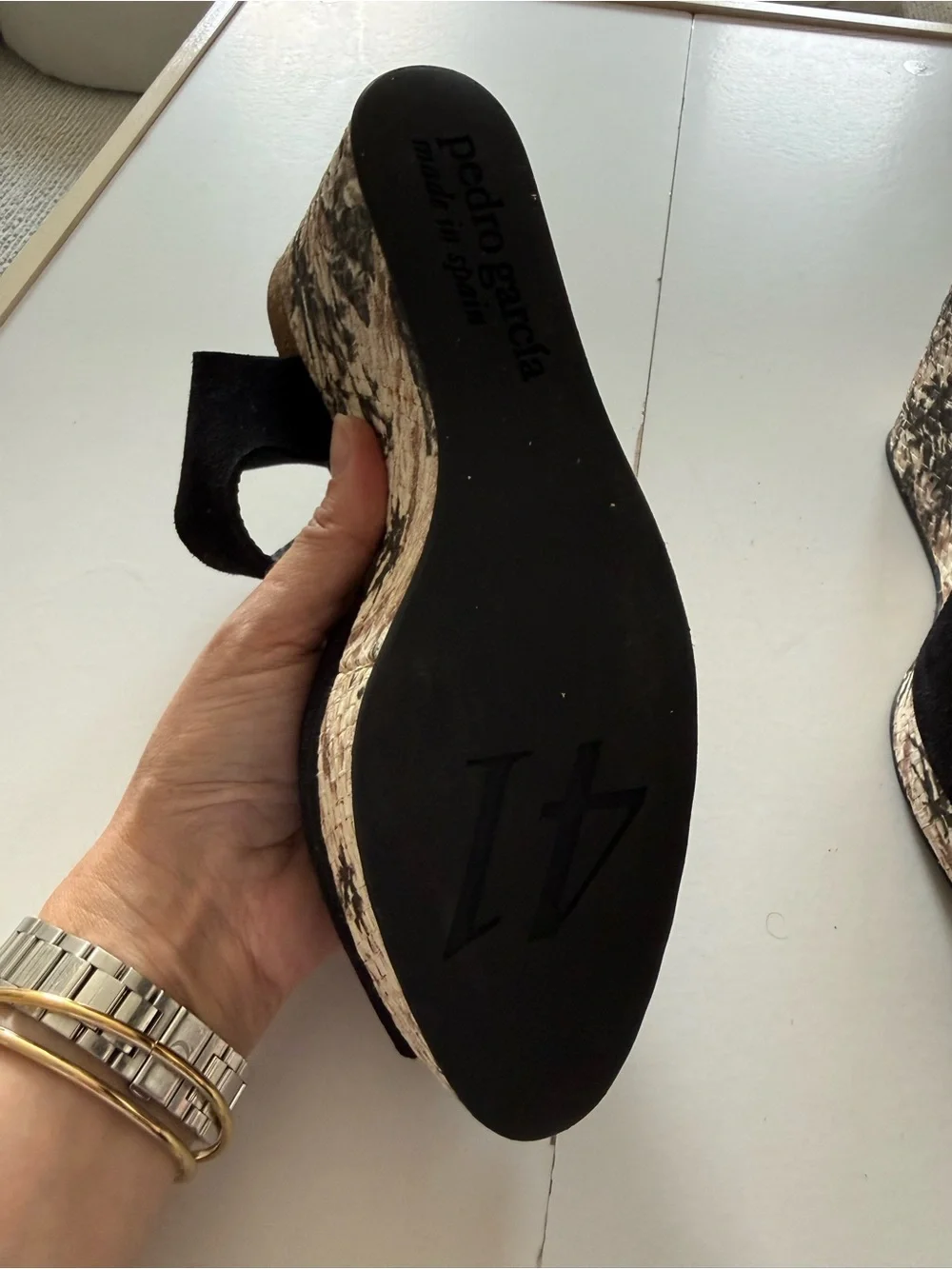 Pedro Garcia Black Suede Wedge Sandals with Patterned Cork Platform